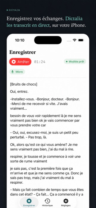 Écran Enregistrer, transcription en direct pendant un rendez-vous médical