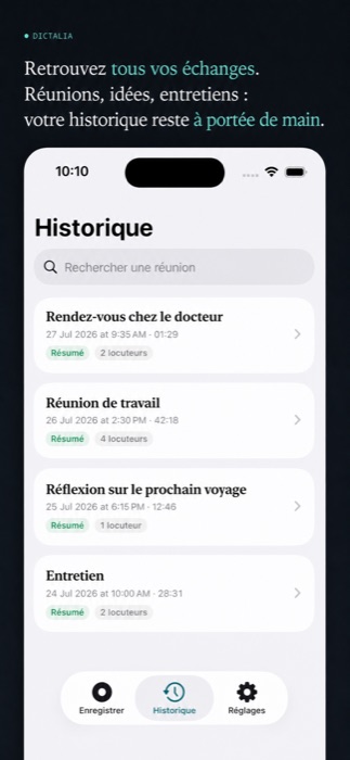 Historique des réunions enregistrées avec recherche