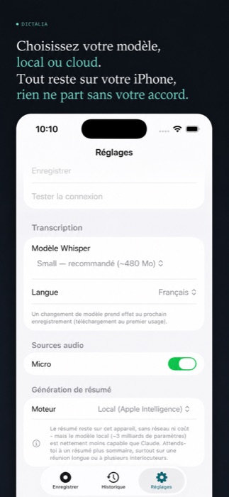 Réglages : choix du modèle de transcription et du moteur de résumé