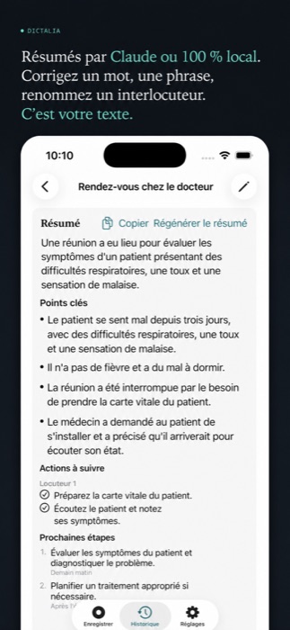 Résumé généré avec points clés, actions à suivre et prochaines étapes